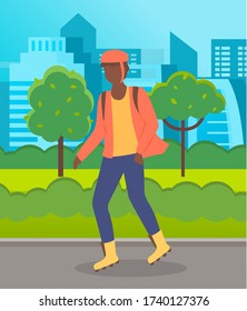 Guy roller skating in the public park at urban architecture background. Man protect himself with helmet. Leisure activities outdoors. Spend free time at summer. Cartoon character. Hobby, sportive