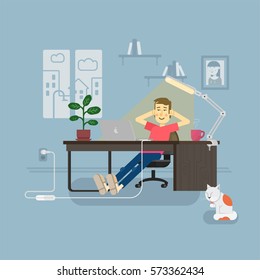The guy in the room, sitting at a desk in front of a laptop and is resting on the wall picture girl and books on the shelves. The room window is open. Vector illustration.