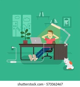 The guy in the room, sitting at a desk in front of a laptop and is resting on the wall picture girl and books on the shelves. The room window is open. Vector illustration.