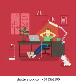 The guy in the room, sitting at a desk in front of a laptop and is resting on the wall picture girl and books on the shelves. The room window is open. Vector illustration.