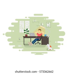 The guy in the room, sitting at a desk in front of a laptop and is resting on the wall picture girl and books on the shelves. The room window is open. Vector illustration.