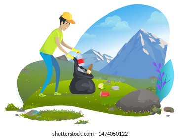 The guy in rubber gloves with black bag collects trash in mountains. Volunteer cleans garbage.. Plastic and glass bottles, cans. Save nature concept vector. Mountain tourism. Flat cartoon