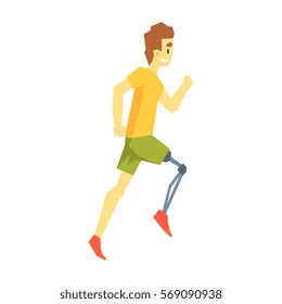 Guy Running With Artificial Leg, Young Person With Disability Overcoming The Injury Living Full Live Vector Illustration
