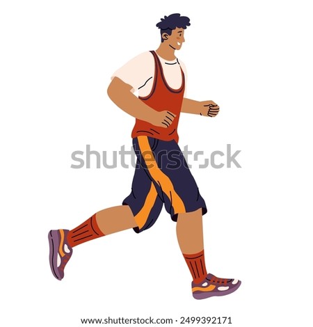 The guy is running. Happy and fulfilling life. Sports marathon on running. Daily activity and healthy lifestyle. Vector illustration isolated on transparent background.