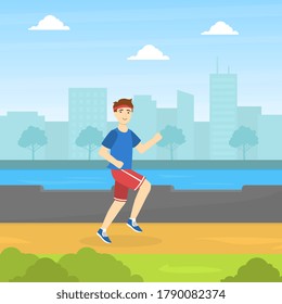 Guy Running in the Park, Physical Workout Training, Young Man Doing Physical Activity Outdoors Vector Illustration