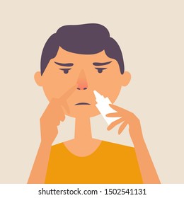 A guy with a runny nose. Treatment of a runny nose spray. Allergy. Vector editable illustration