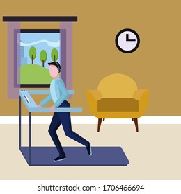 The guy runs on a treadmill in the apartment and listens to music in wireless headphones. Vector illustration showing sports activities at home during isolation
