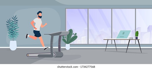 El tipo corre sobre una cinta de correr. Un hombre está involucrado en un simulador. El concepto de deporte y estilo de vida saludable. Gimnasio, máquina de ejercicios. Vector.