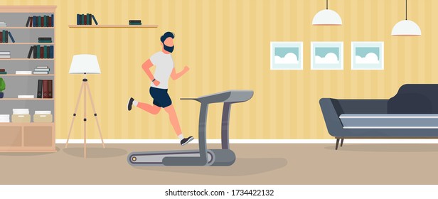 The guy runs on a treadmill. A man is jogging on a simulator. The concept of sport and healthy lifestyle. Vector.