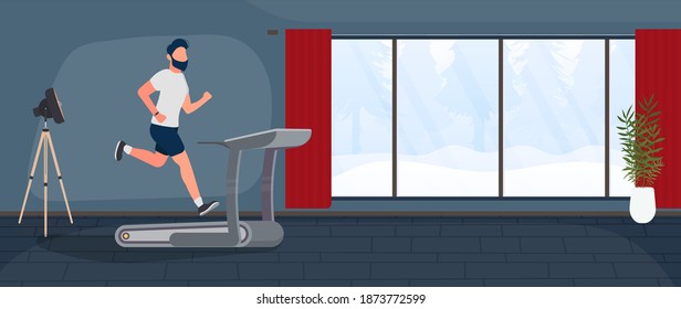 The guy runs on a treadmill. A man is engaged in a running simulator. The concept of sport and healthy lifestyle. Gym, exercise machine. Vector.