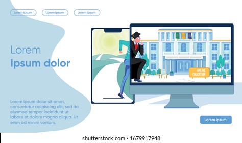 Guy Runs from Phone to Computer, Online Education. Increase your Demand in Labor Market, become World-class Professional. Get Training in International Programs. Vector Illustration.