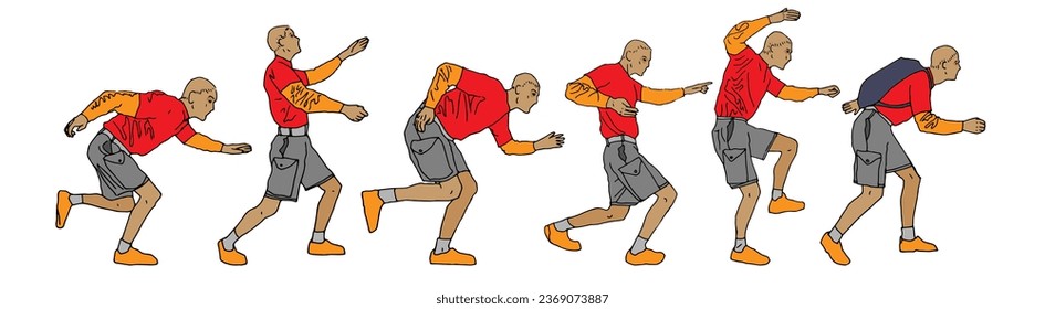 The guy runs, sneaking. A set of line hand drawn man figures. Vector flat illustration.