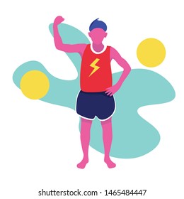 Guy s showing off his biceps. The boy plays sports. Bright vector illustration.