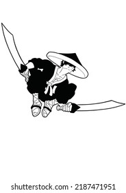 Guy samurai ninja assassin drawn in the cartoon style of Japanese comics anime and manga, He jumps with two swords in his hands, contour drawing coloring with shadows