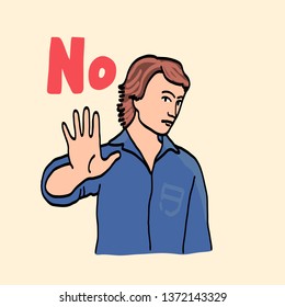 Guy says NO by showing his palm hand. "No" gesture, stop or disagreement. Man cartoon character. Vector isolated outlined illustration.