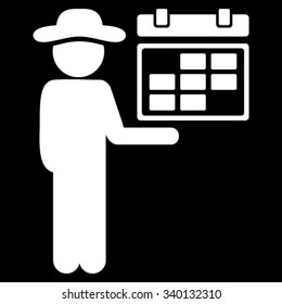 Guy Schedule vector icon. Style is flat symbol, white color, rounded angles, black background.