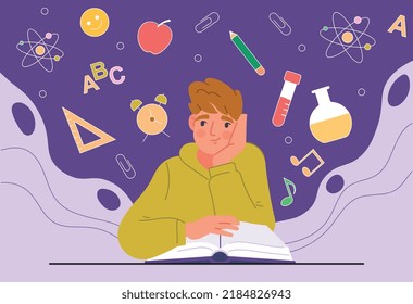 Guy in der Schule. Junge sitzt bei Buch und denkt an herausragende Aufgaben. Hausaufgaben, Fernunterricht, Lernen und Ausbildung. Studierende, die sich auf die Prüfung oder Prüfung vorbereiten. Cartoon-Flavektor-Vektorgrafik
