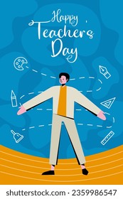 Guy with school icons in background illustration. Teacher's day poster.

