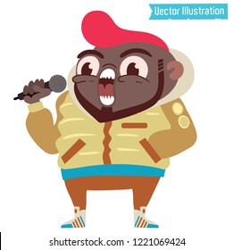 Guy screaming into microphone. Rapper reading his rap into microphone. Hipster blogger in down jacket and expensive sneakers. Popular blogger - cute vector character with pink hair. Black lives matter