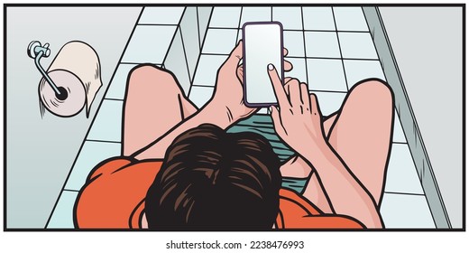 Guy scrollt durch Nachrichten mit Telefon auf der Toilette, Vektorbild, Pop-Art, Comic-Stil