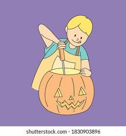 A guy is sculpting a Halloween pumpkin. Vector illustration.