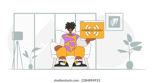Guy seated on the floor, holding an IOT logo, in a modern vector character style.