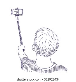 A Guy With Selfie Stick Vector Drawing