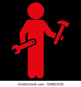 Guy Serviceman vector icon. Style is flat symbol, red color, rounded angles, black background.