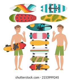 Guy with a set of skateboards and surfboards. Flat doodle clipart. All objects are repainted.