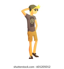 Guy In Shades, Black Hat, Shorts And T-shirt, Young Person Street Fashion Look With Mass Market Clothes