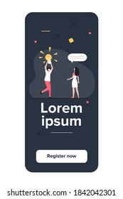 Guy sharing brilliant idea with friend, girlfriend or colleague. Man holding shining lightbulb flat vector illustration. Finding, discovery concept for banner, website design or landing web page