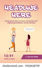 Guy sharing brilliant idea with friend, girlfriend or colleague. Man holding shining lightbulb flat vector illustration. Finding, discovery concept for banner, website design or landing web page