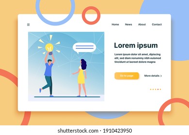 Guy sharing brilliant idea with friend, girlfriend or colleague. Man holding shining lightbulb flat vector illustration. Finding, discovery concept for banner, website design or landing web page