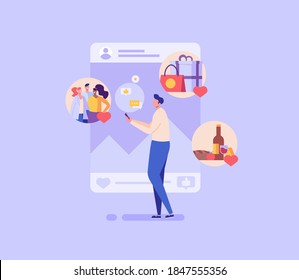 Guy sharing stories with life moments in social network. Successful blogger making post in internet. Social media influencer creating quality content. Vector illustration in flat design for web, app