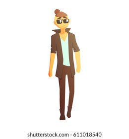 Guy With Shaved In Boots And Dark Coat, Young Person Street Fashion Look With Mass Market Clothes. Stylish Teenager Every Day Personal Style Clothing Illustration
