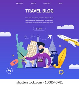 Guy Shoots Video Travel Blog to Another Country. Banner Illustration Bearded Man in Camera, Background Attractions Different Countries, Tells Online Most Beautiful Places. Traveling World by Plane