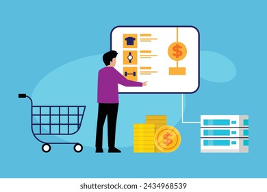 Hombre con el software del carrito de compras e ilustración vectorial plana de Webapp