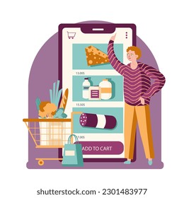 Guy shopping for foodstuffs using smartphone application. Focused young man choosing items of food on Internet store website. Flat vector illustration