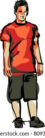 guy in  shorts and red T-shirt