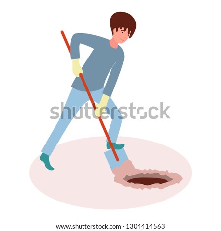 The guy with the shovel digs a hole. Work in the garden. Vector illustration in flat style on white isolated background.