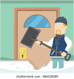guy shoveling snowdrift infront of his door