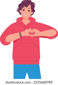 Guy show love gesture. Heart fingers sign isolated on white background