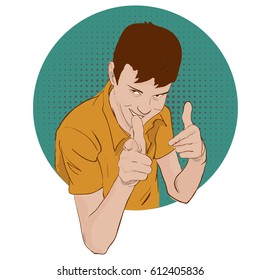 Guy showing approving gesture with his hands. Pop art retro style vector illustration. Comic books imitation.