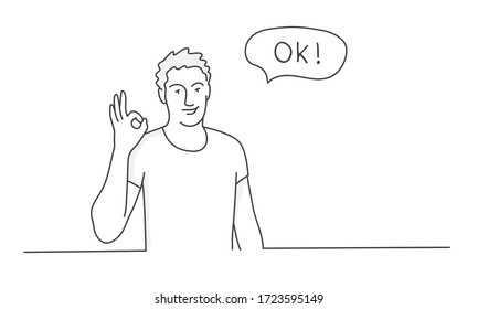 Guy showing okay gesture. Line drawing vector illustration.