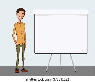 Guy showing smartphone screen app on white background. Man presentation of mobile application, startup, website. Vector illustration cloud service, social network and technology. Man mobile network