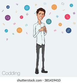 Guy showing smartphone screen app on white background. Man presentation of mobile application, startup, website. Vector illustration cloud service, social network and technology. Man mobile network