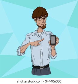 Guy in showing smartphone screen on white background. Presentation of mobile application, startup, technologic. Vector illustration cloud service, social network and technology for man. Apps for men  