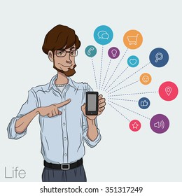 Un tipo al mostrar la pantalla de un smartphone con fondo blanco. Presentación de aplicación móvil, inicio, sitio web. Ilustración vectorial servicio en la nube, red social y tecnología para el hombre. Mercado de aplicaciones   