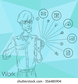 Guy in showing smartphone screen on white background. Presentation of mobile application, startup, website. Vector illustration cloud service, social network and technology for man. Market of apps   
