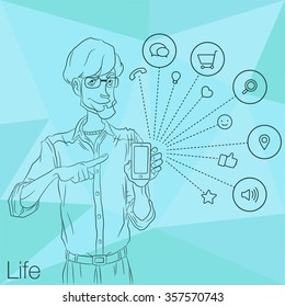 Guy in showing smartphone screen on white background. Presentation of mobile application, startup, website. Vector illustration cloud service, social network and technology for man. Market of apps   